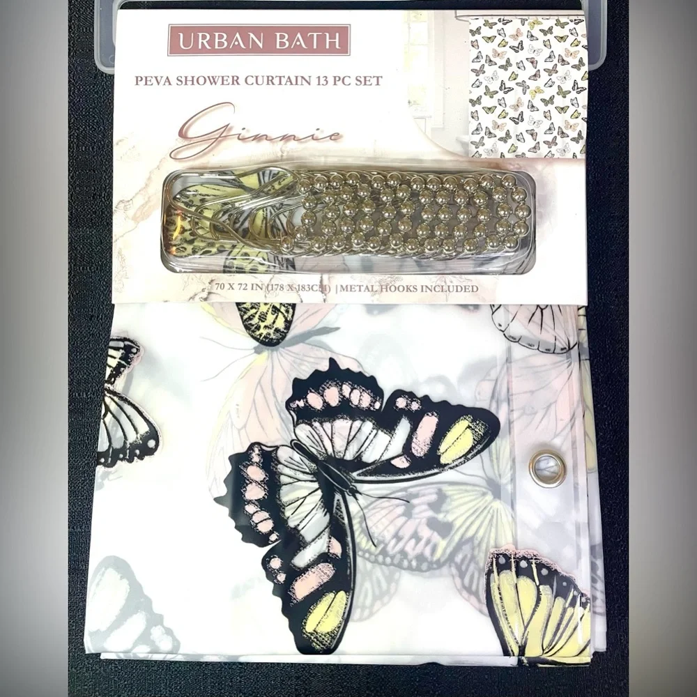 13-pc Butterfly PEVA Shower Curtain Semi-Clear Yellow Pink Butterflies Hooks NWT